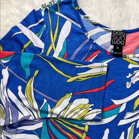 CLARA SUN WOO Kerchief Angle Hem Tunic Top Size XL Floral Print Stretch USA Made - Picture 11 of 16
